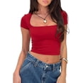 thumbnail image 2 of Y2k Camiseta básica de manga corta para mujer, camiseta sexy ajustada, cuello cuadrado, para salir de calle, 2 of 5