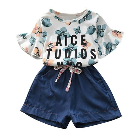 

Baby Girl Clothes Ruffled Butterflies Letter T-Shirt Shorts 2PCS Sleeve Tops+Denim Summer Print Toddler Outfit
