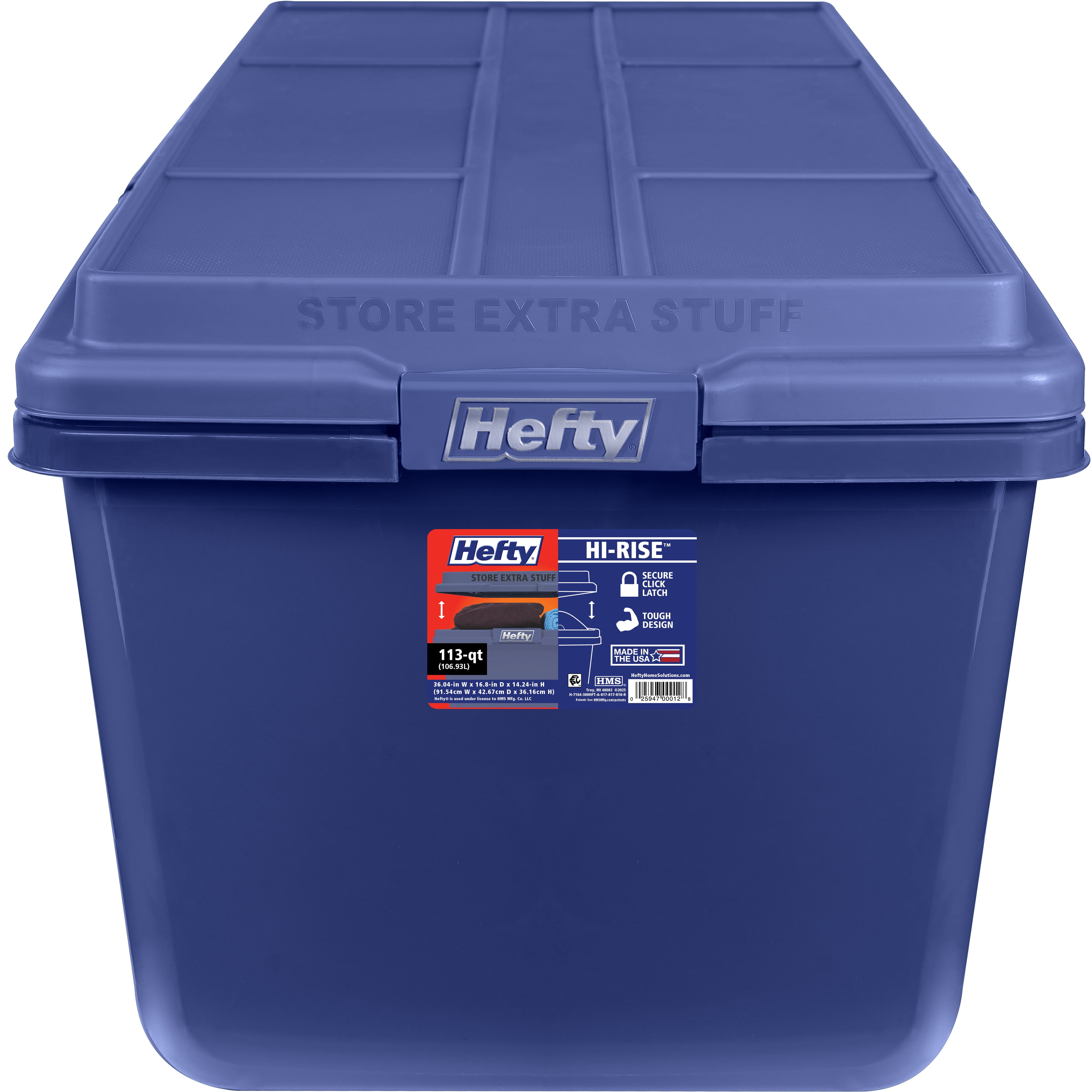Hefty HI-RISE 28 Gallon Large Latching Storage Bin, Plastic Latched Storage Container with HI-RISE Lid, Blue