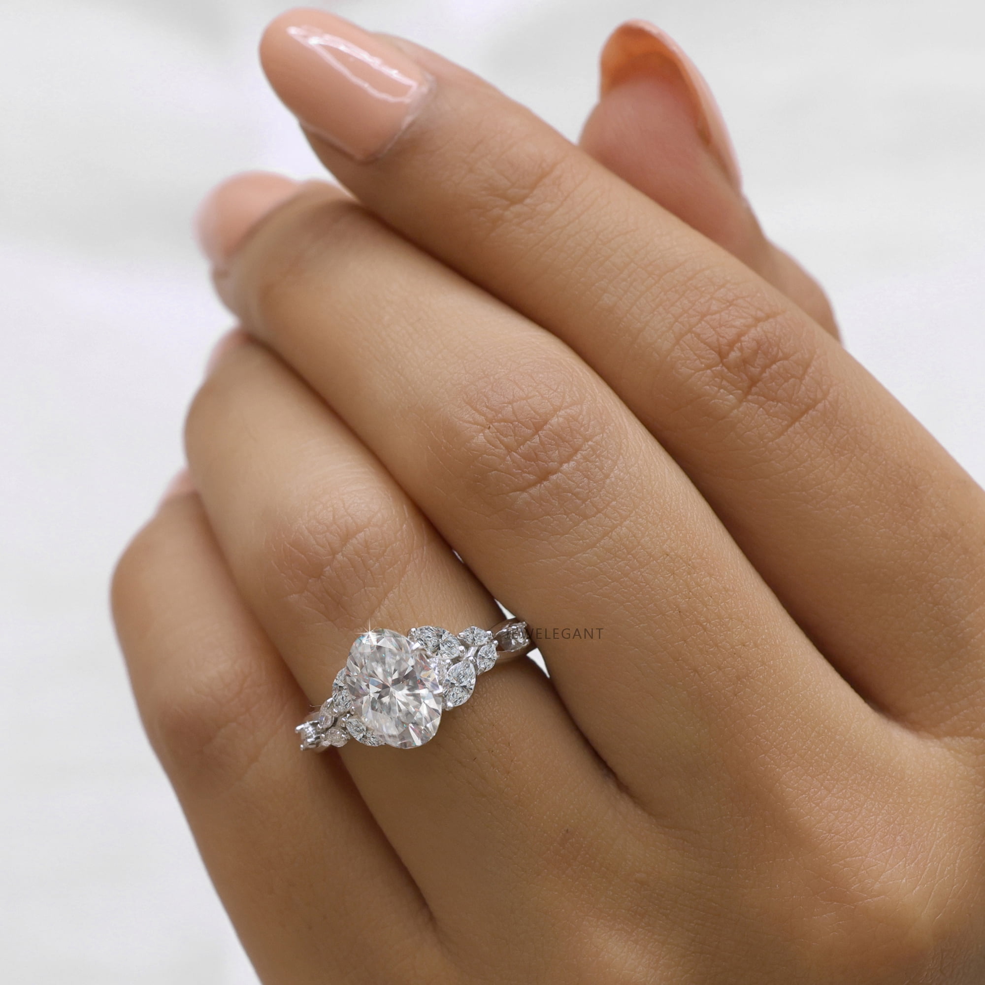 JEWELEGANT 2 carat Oval Moissanite Engagement Ring, Art Deco Diamond Wedding Ring for Women