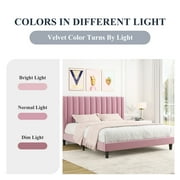Allewie Queen Size Velvet Upholstered Bed Frame with Vertical Channel Tufted Headboard, Pink