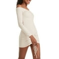thumbnail image 6 of Women off Shoulder Mini Dress - Long Sleeve Ruched Front Drawstring Bodycon Dress Dresses for Women Plus Size Beige 3XL, 6 of 8