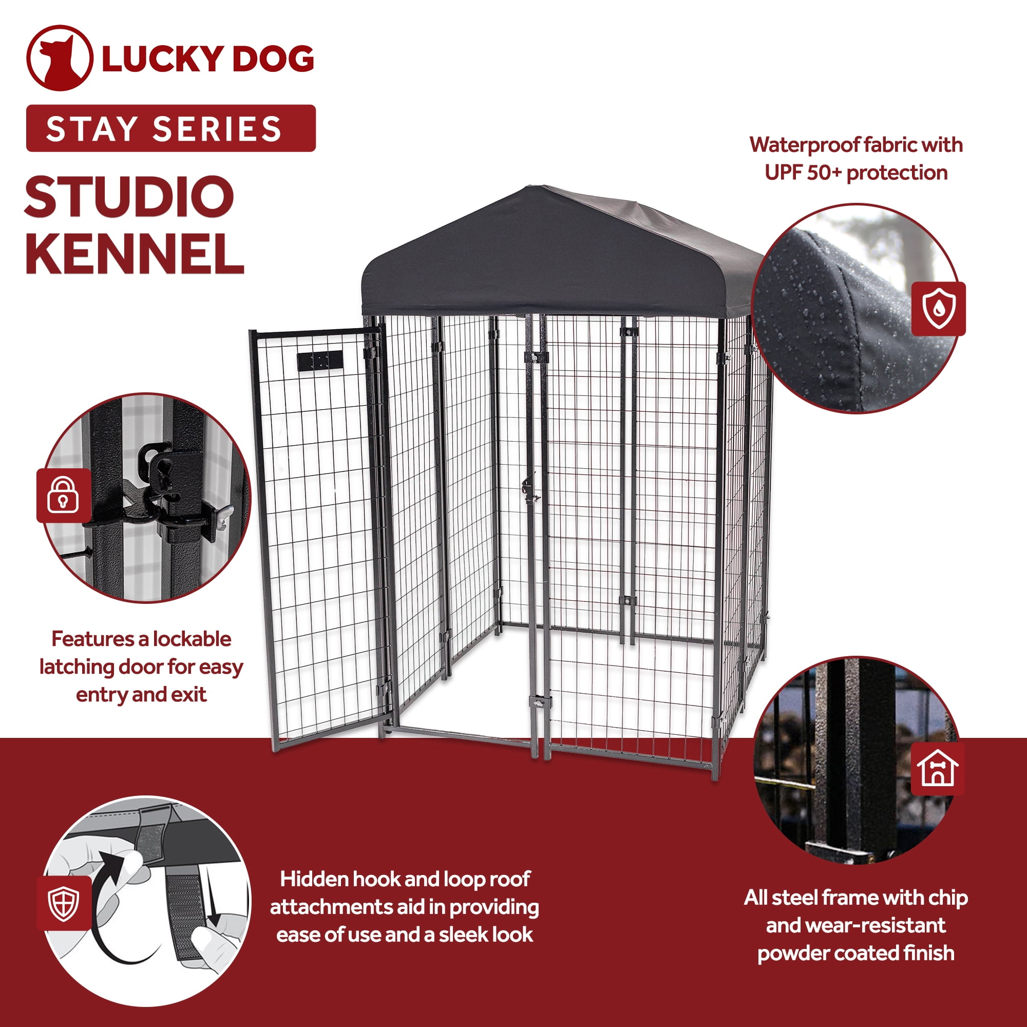 Lucky Dog STAY Series 4 x 4 x 6 Foot Roofed Steel Frame Studio Dog Kennel