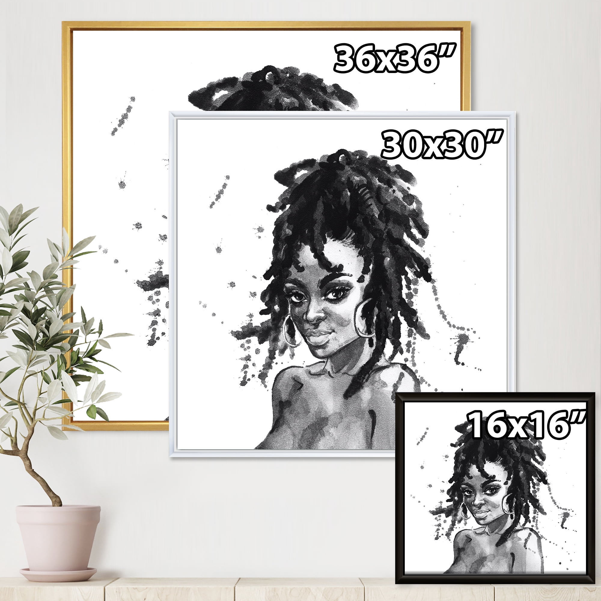 Designart 'Black and White Portrait of African American Woman II' Modern Framed Canvas Wall Art Print