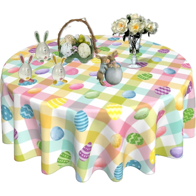 Easter Round Tablecloth 60 Inch Easter Eggs Decorate Round Tablecloth Washable Microfiber Tablecloth Decorative Table Covers for Picnic Party