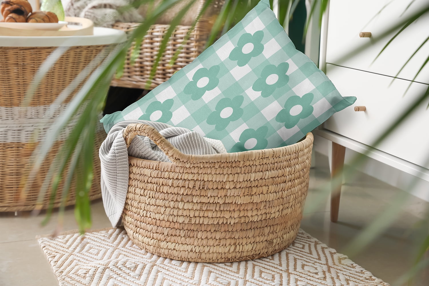 20" x 14" Simply Daisy Flowers on Gingham Polyester Indoor/Outdoor Pillow, Spring Green Qty 1