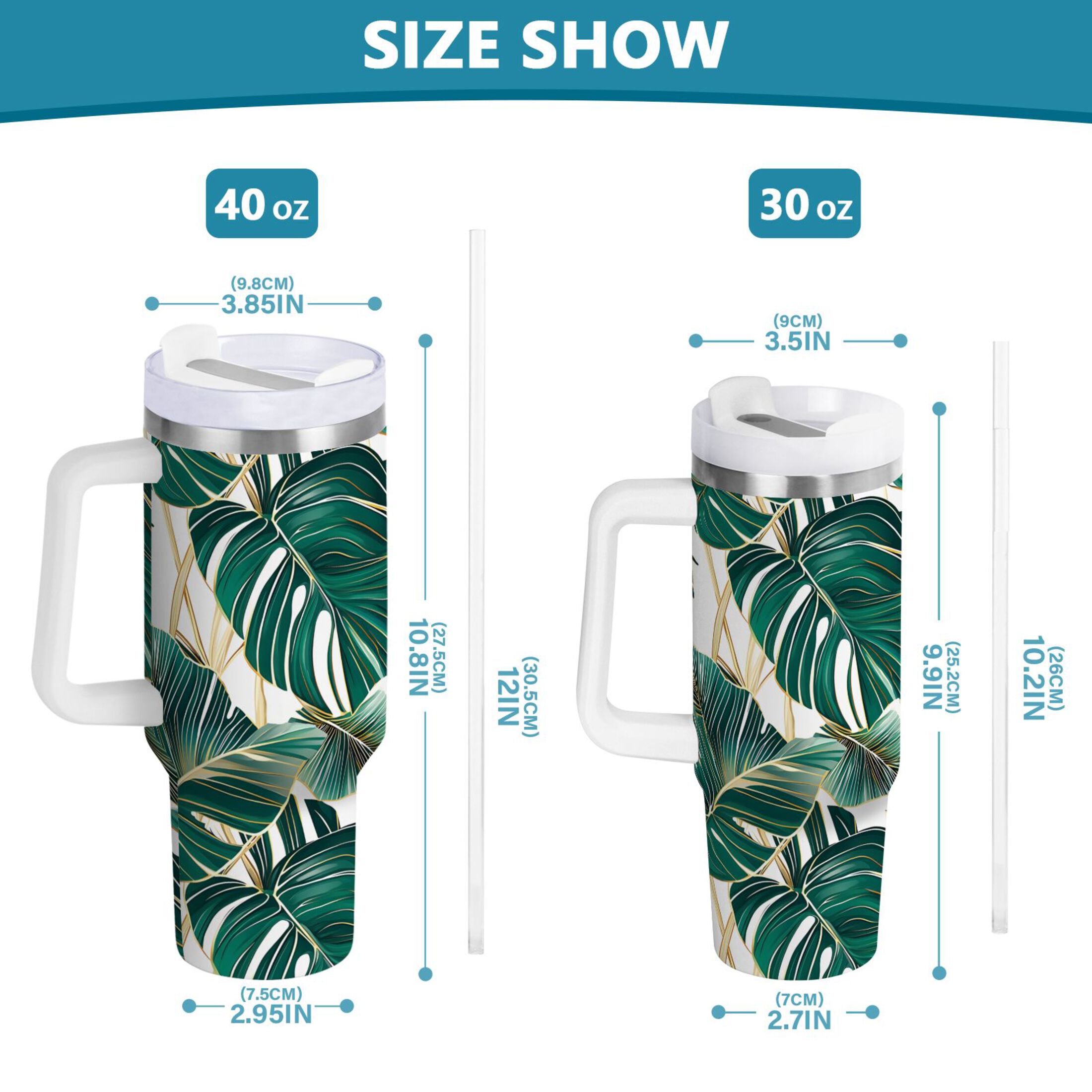 Ryvnso 40 oz Tumbler with Handle and Straw Tropical Leaves Green Insulated Stainless Steel Travel Mug with Lid