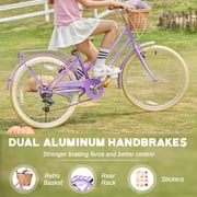 Glerc Missy 24 inch Girl Cruiser Kids Bike Shimano 6-Speed Teen Hybrid City Bicycle with Rack for Youth Ages 7 8 9 10 11 12 13 14 Years Old Wicker Basket & Lightweight, Purple