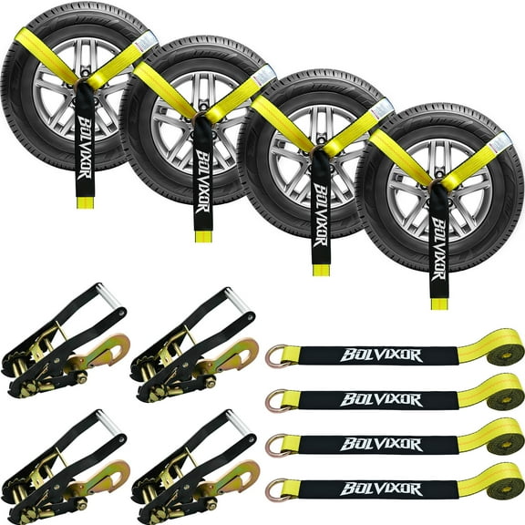 Bolvixor 4 Pack Car Tie Down Straps for Trailers - 2" x 96" - 9900LBS Break Strength - Tire Ratchet Strap with Snap Hooks - Adjustable Wheel Straps for Hauling UTV, SUV, Truck, Any Cars