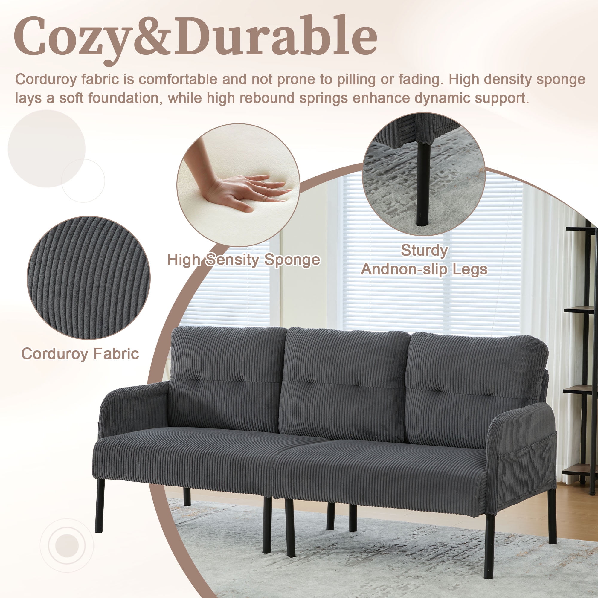 S-HOME Modern Plush Corduroy Upholstered Loveseat with Dual Side Pockets and Metal Legs, Sofa for Apartment, Carbon Gray