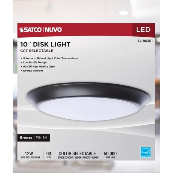 Satco 62-1813R1 10 Inch LED Disk Light CCT Selectable 2700K-5000K 1000 Lumens 12W Dimmable Bronze Finish Energy Star  (1 Pack)