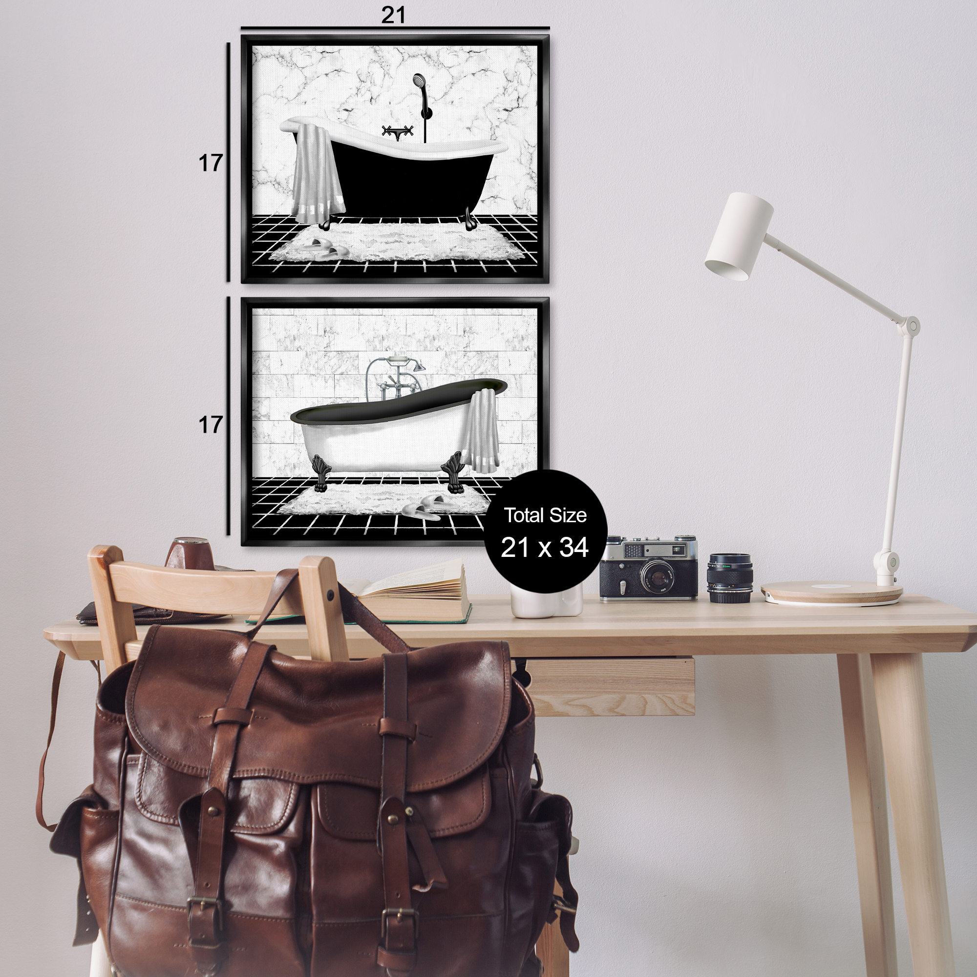 Stupell Industries Marble Clawfoot Soaking Tub Bath & Laundry Painting Black Floater Framed Canvas Art Print Wall Art, 21 x 17, Set of 2
