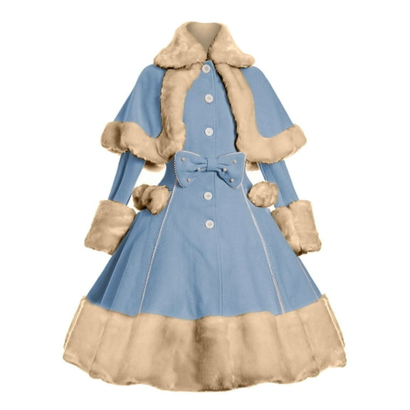 KBODIU Gothic Vintage Prom Dress Womens Long Sleeve Woolen Court Ball Ceremony Dress Winter Plush Stitching Two Piece Outfits Bow Cape and Vintage Goth Dresses for Party