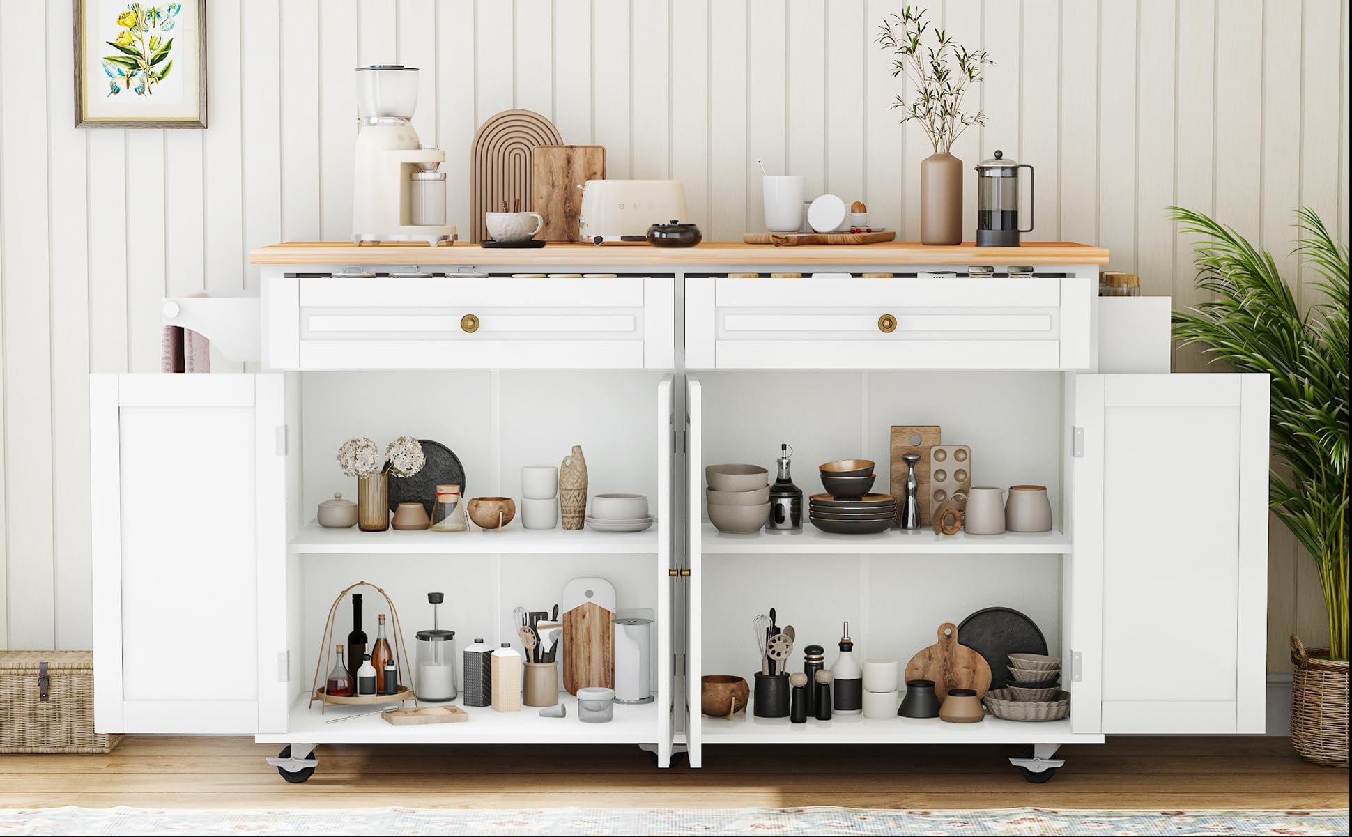 JassmiPkwy 67’’ Movable Kitchen Island with Drop Leaf Countertop, with Storage, 2 Drawers, Towel Rack, White