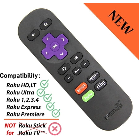 Standard IR Remote for Roku 1,2,3,4 (HD, LT, XS, XD), Roku Express, Roku Premiere, Roku Ultra; NOT for Roku