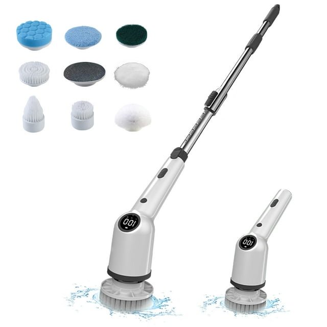 yeacher Brosse Électrique Rotative Sans Fil à 3 Vitesses avec Écran LCD, Étanchéité IPX4, Manche Réglable à 360°, 8 Têtes de Brosse Interchangeables, Rechargeable Type-C, Batterie au Lithium Intégrée, Noir/gris