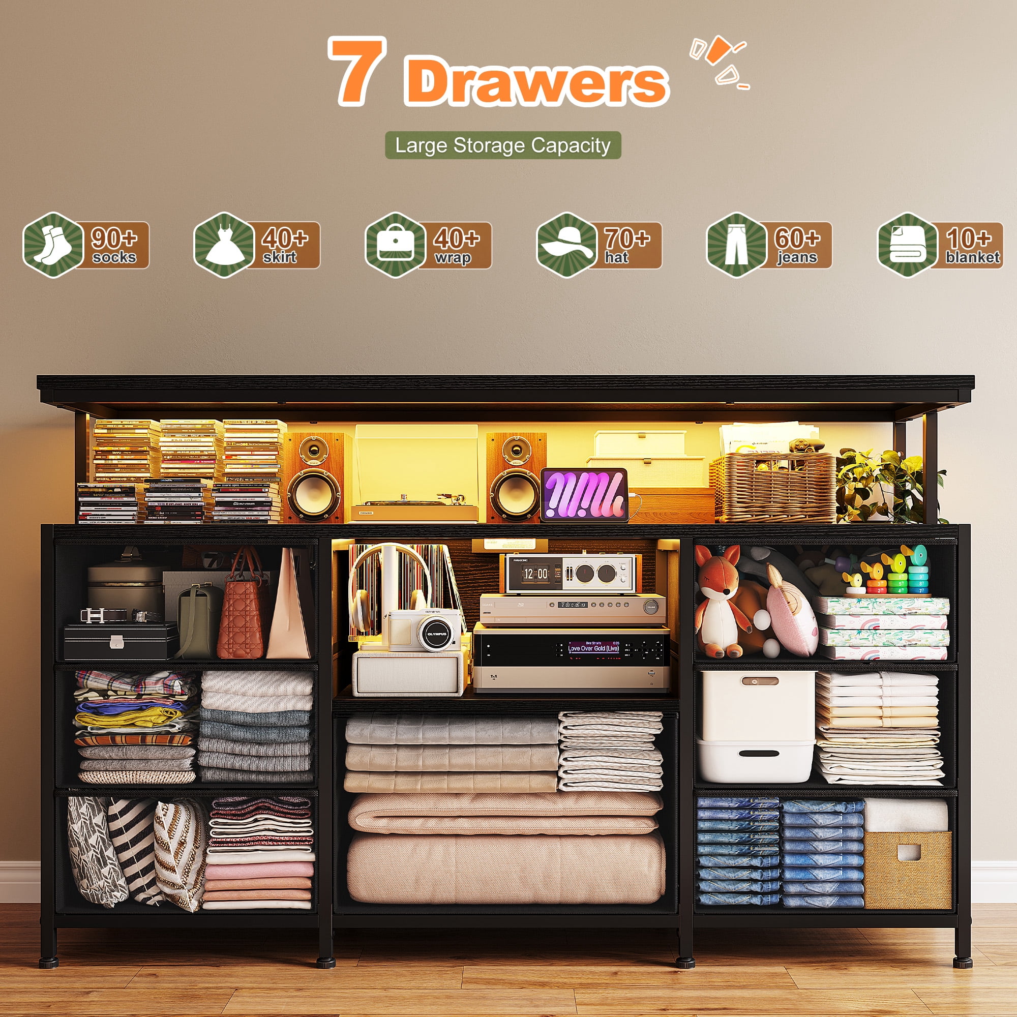 Dresser TV Stand for Bedroom with 7 Fabric Drawers,Wide Dresser for Bedroom with LED Lights & Power Outlets for 55" TV  & Open Shelves for Living Room, Sturdy Frame, Black