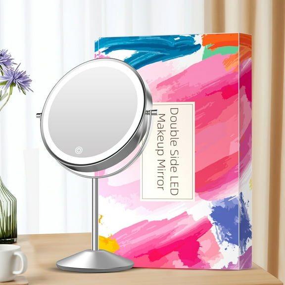 Funtouch Double-Sided Lighted Makeup Mirror, Round Metal Freestanding Vanity Mirror with 10x Magnification
