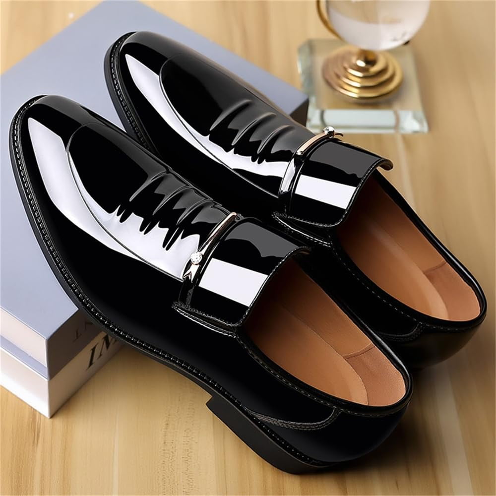 high fashion dress shoes Rubber Sole Comfort Men's Genuine Leather Oxford Dress Shoes – Gloss Patent Leather Formal Shoes With Comfortable Rubber Sole Ruffled dress