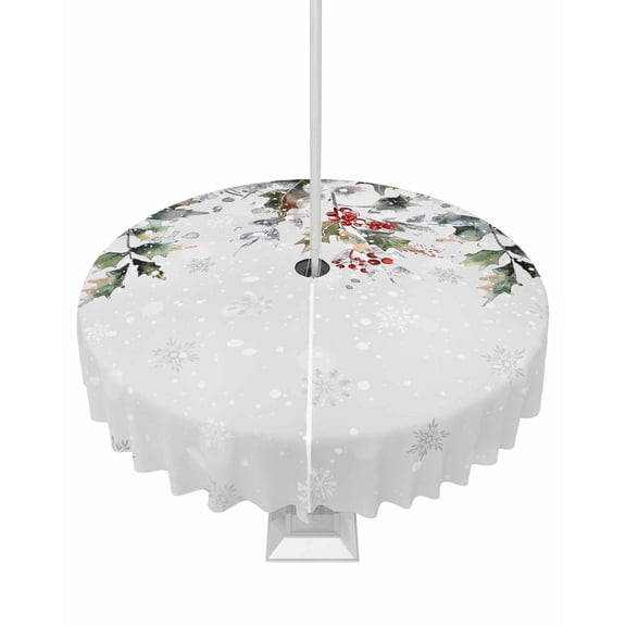 Fsddascl Grey Christmas Outdoor Tablecloth - 60 Inch Round Dining Table Cover, Xmas Tree Botanical Red Berry Pinecone Waterproof Outdoor Table Cloth with Umbrella Hole & Zipper for Picnic/Patio