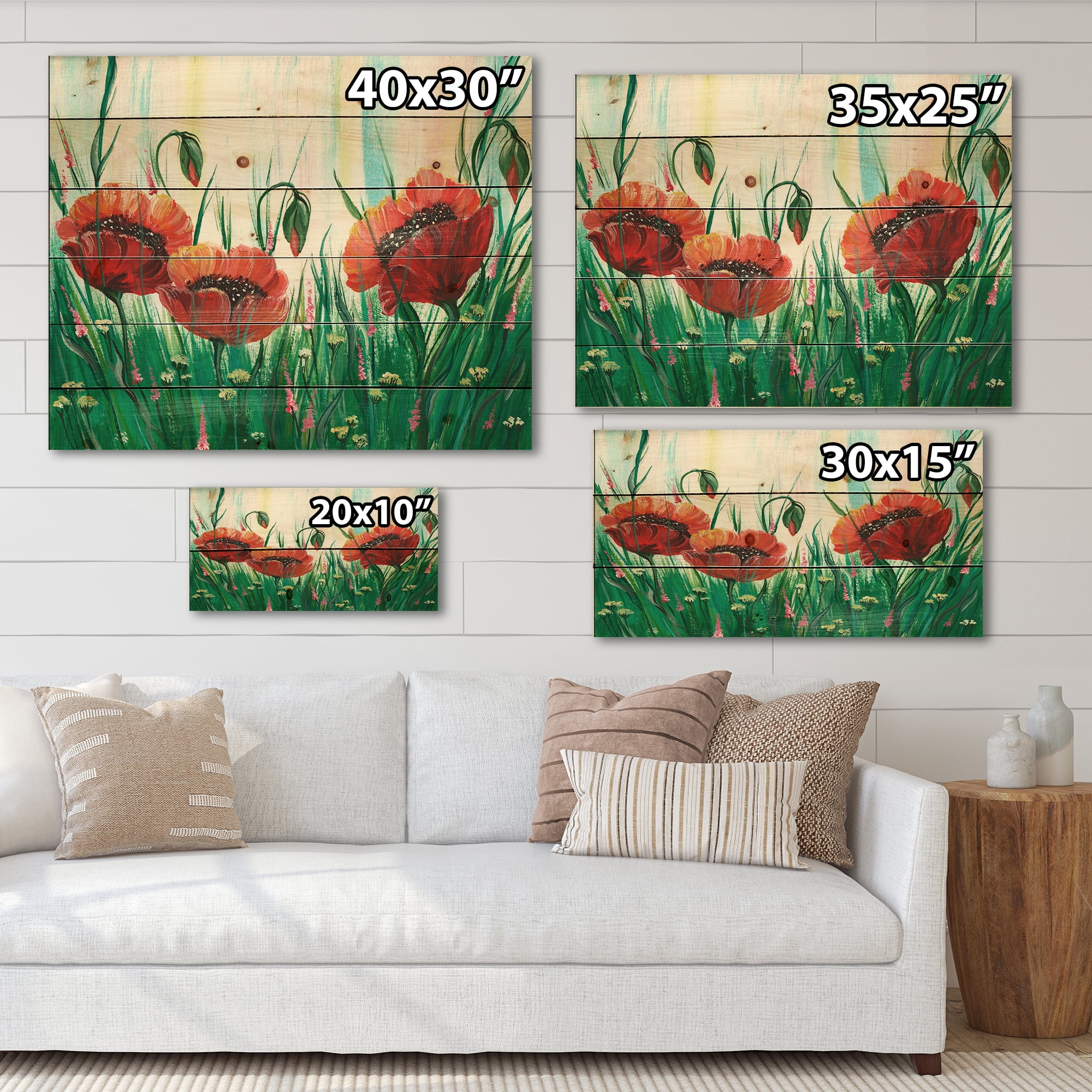 Designart 'Three Red Bright Poppy Flowers On A Green Meadow' Traditional Print on Natural Pine Wood