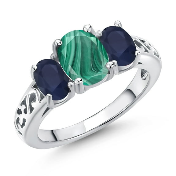 Gem Stone King 925 Sterling Silver Green Malachite and Blue Sapphire Filigree Style 3 Stone Ring for Women (3.11 Cttw, Oval 8X6MM and 6X4MM, Size 5) (Size 5)