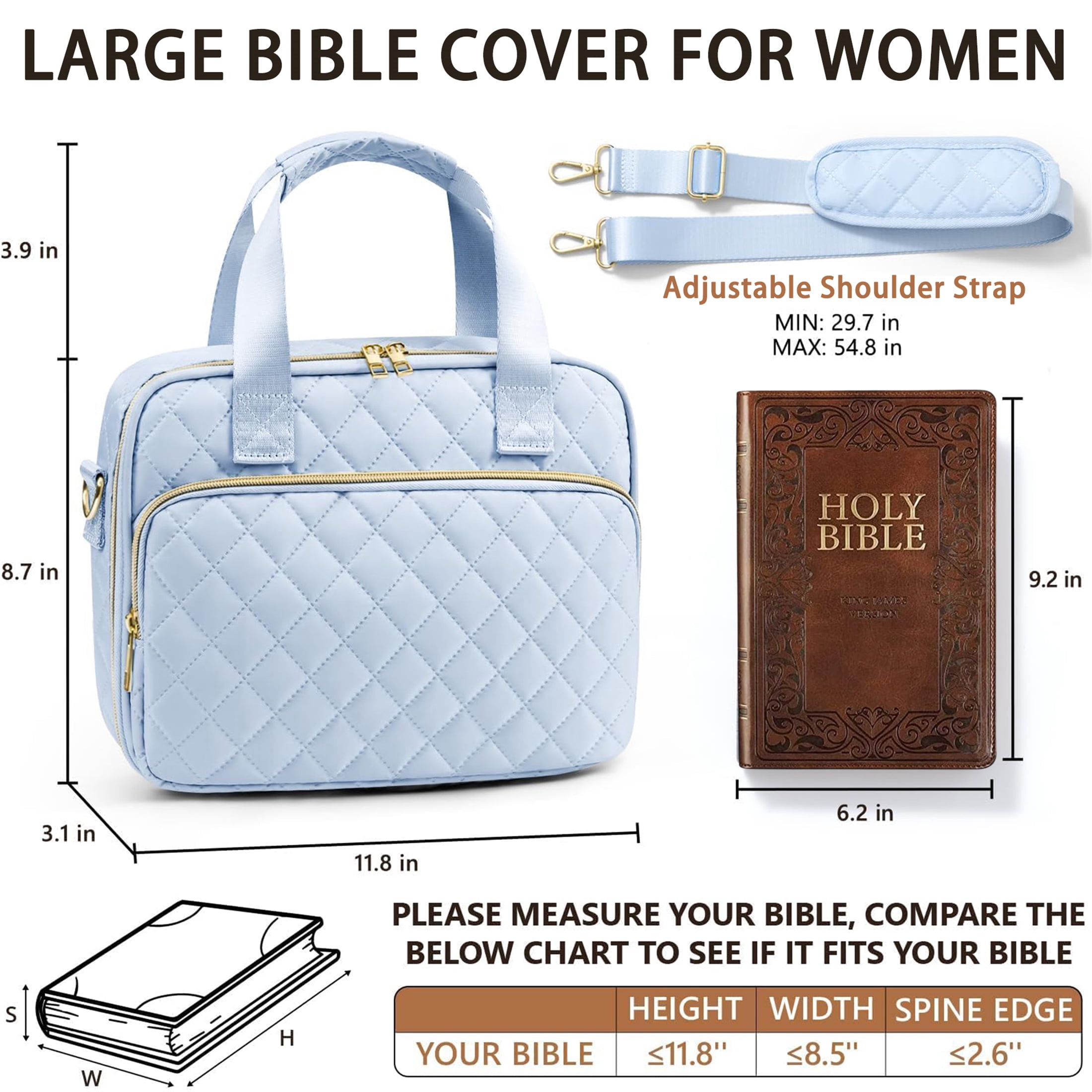 Bible Cover Case for Women, Large Bible Tote Bags Quilted Carrying Case with Shoulder Strap, Bible Study Supplies Journaling Kit, Christian Gift for Womenn (Blue)