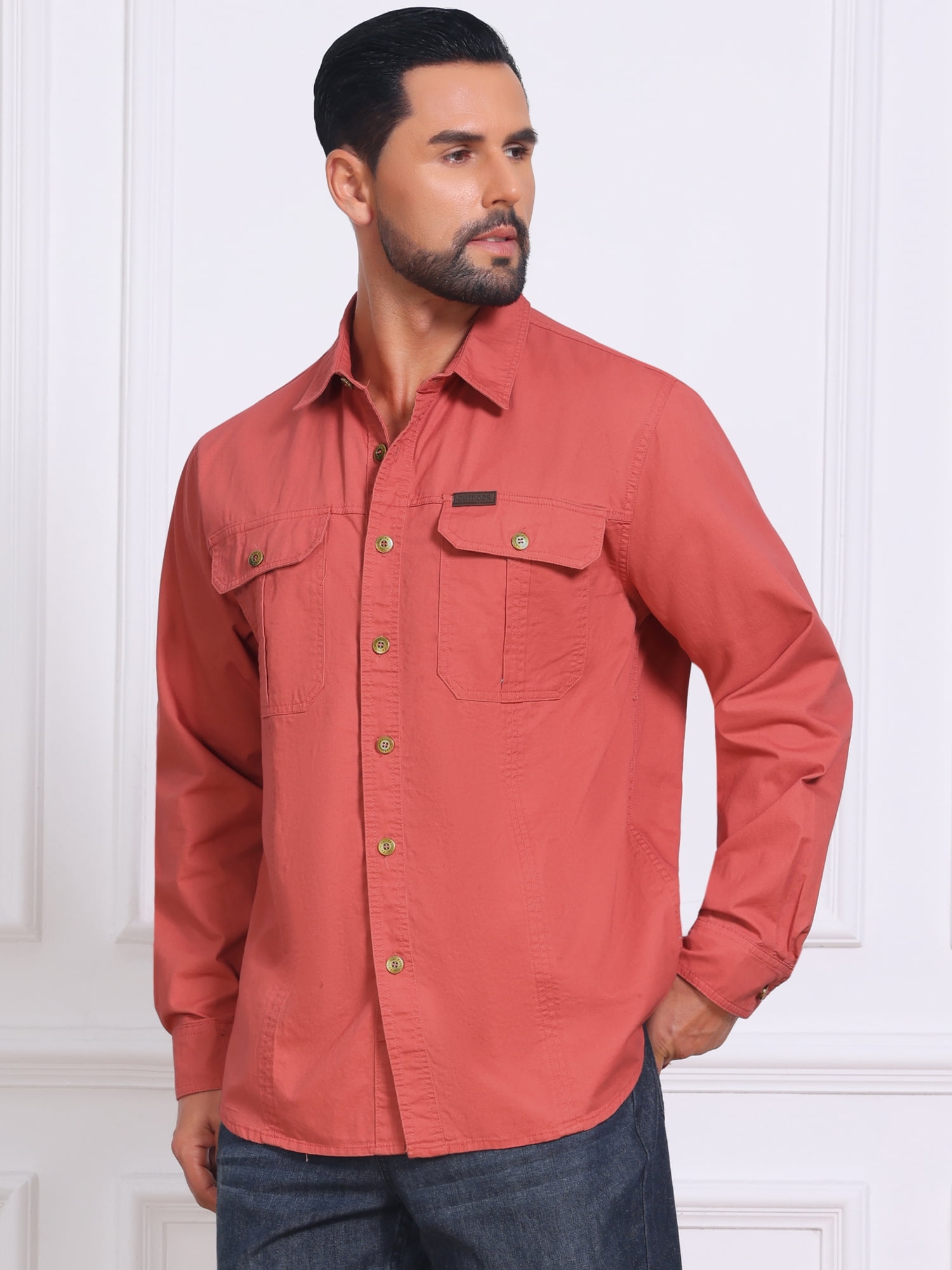 DARING DIVA Men's Casual Workwear Long Sleeve Button Down Hiking Shirts S Red