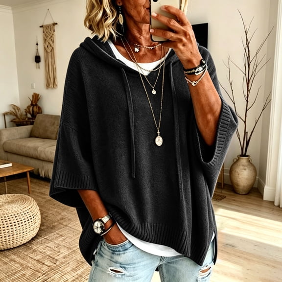 HaCpiu Women's Solid Hooded Knit Top, Casual Loose 3/4 Sleeve Poncho Sweater, Lightweight Flowy Pullover Sweatshirt with Drawstring, Black L
