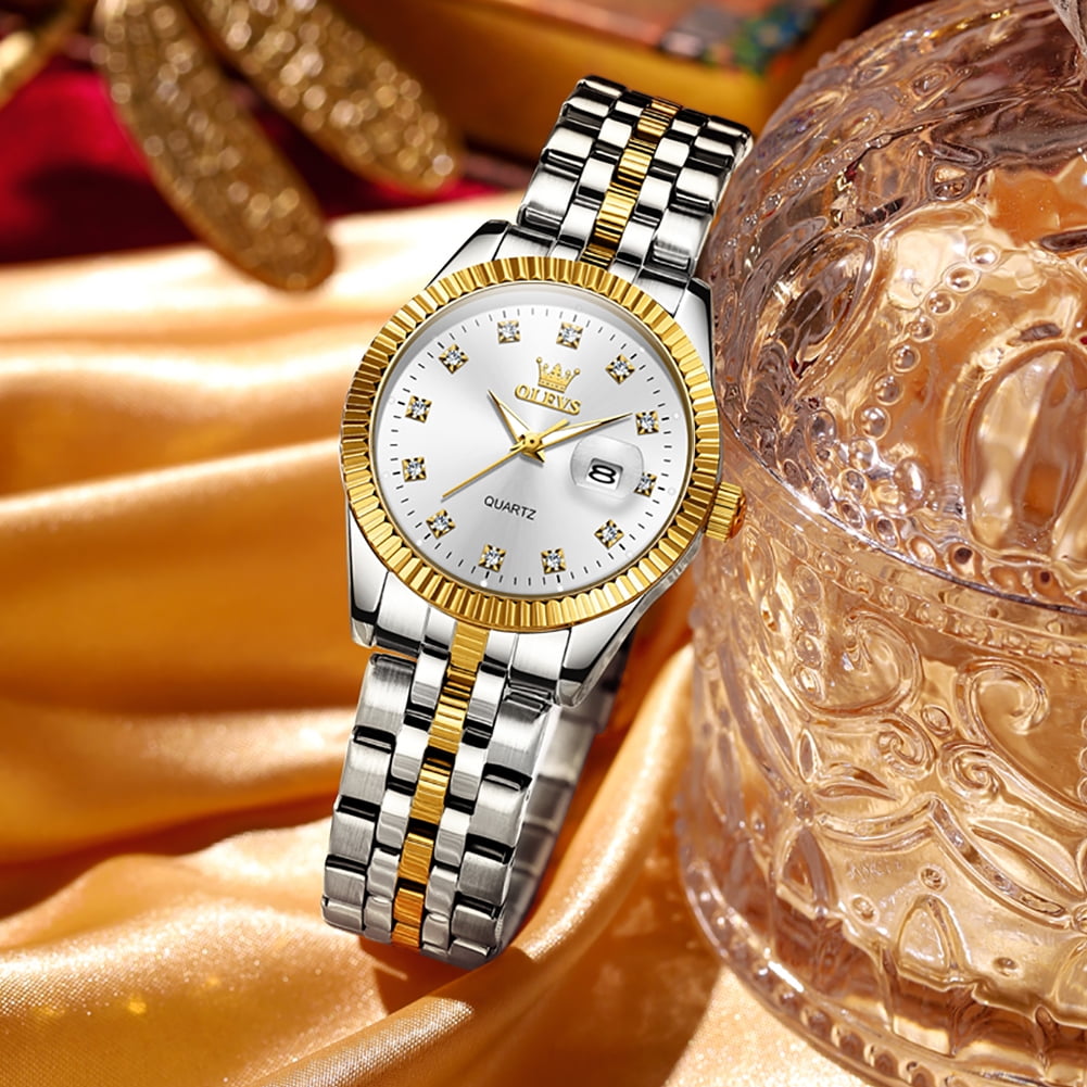 OLEVS Watches for Women Diamond with Date Luxury Female Waterproof Women Wrist Watch Analog Dress Quartz Stainless Steel Ladies Watch Luminous Calendar Women Watch Reloj para Mujer