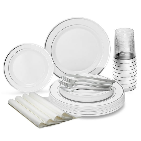 " OCCASIONS " 200pcs set (25 Guests)-Heavyweight Wedding Party Disposable Plastic Plates Set -25 x 10.5'' 25 x 7.5'' Silverware Cups linen like paper Napkins (White & Silver Rim)