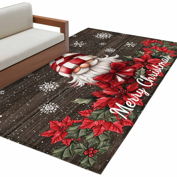 Vintage Gnomes Christmas Area Rug 3x5 FT, Non Slip Entryway Bedside Carpet, Snowflake Xmas Poinsettia Washable Soft Floor Carpet Indoor Mat Non-Shedding Throw Rug for Dorm Kitchen Home Office