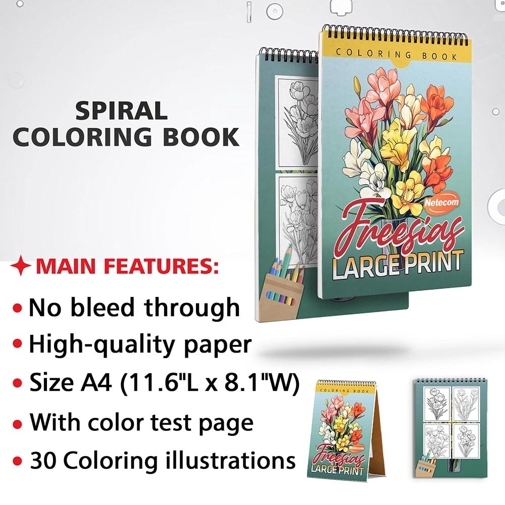 Netecom Large Print Freesias Coloring Book for Adults, Spiral Bound, Soft Cover