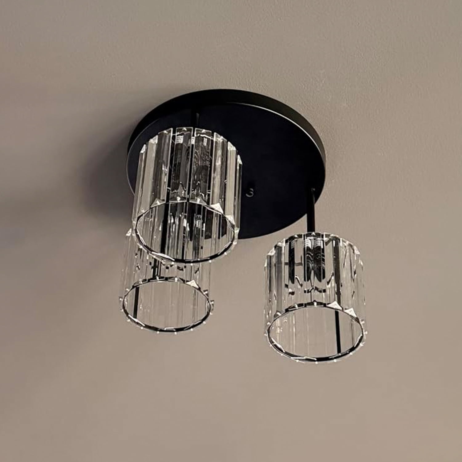Semi Flush Mount Ceiling Light 3-Light Black Flush Mount Ceiling Light Fixture with Crystal Shades, Industrial Kitchen Ceiling Light for Hallway Entryway Bedroom, E26 Socket