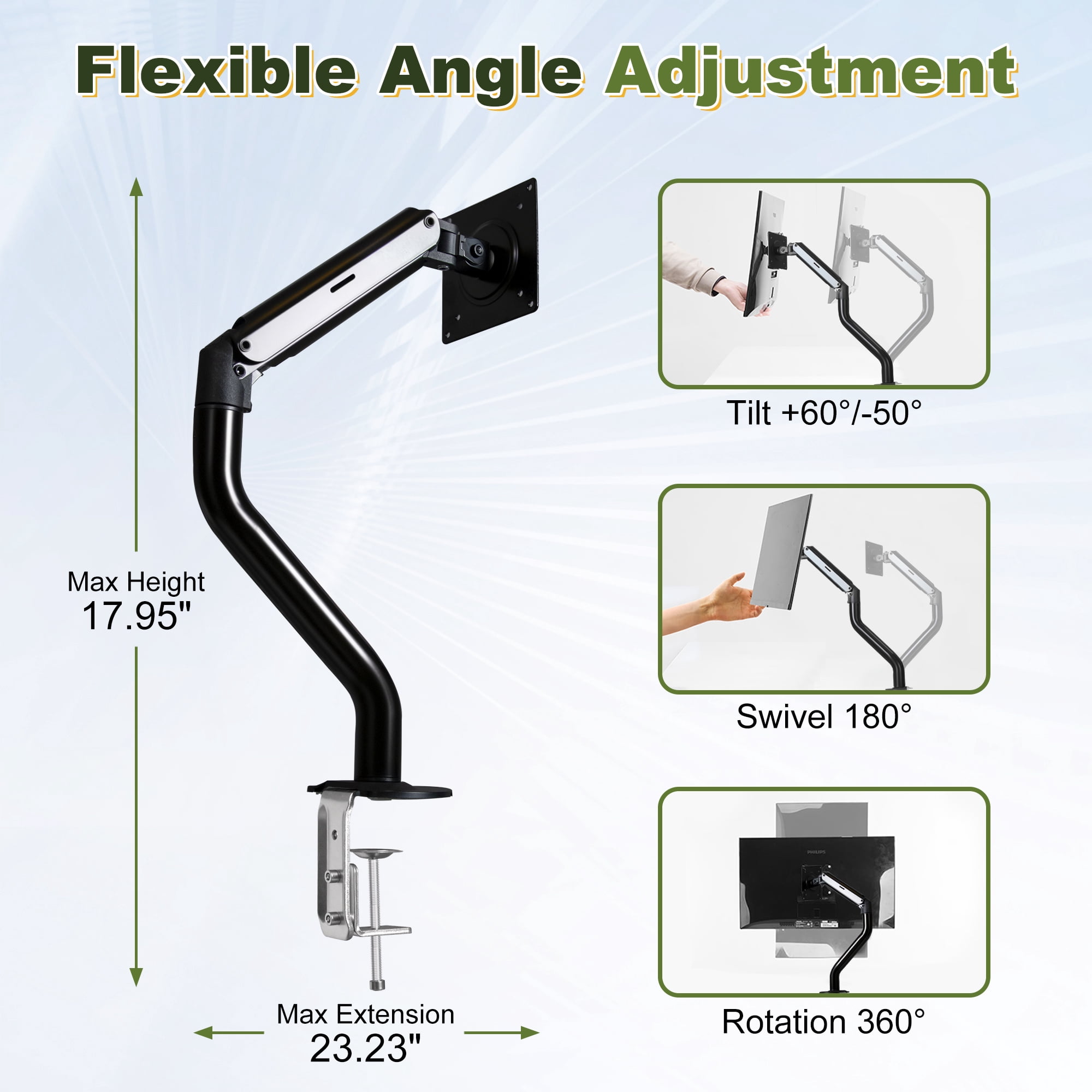 MAYEERTY Single Gas Spring Monitor Arm, Adjustable Desk Mount for 15-32 inch Screens, Clamp & Grommet Base, Black