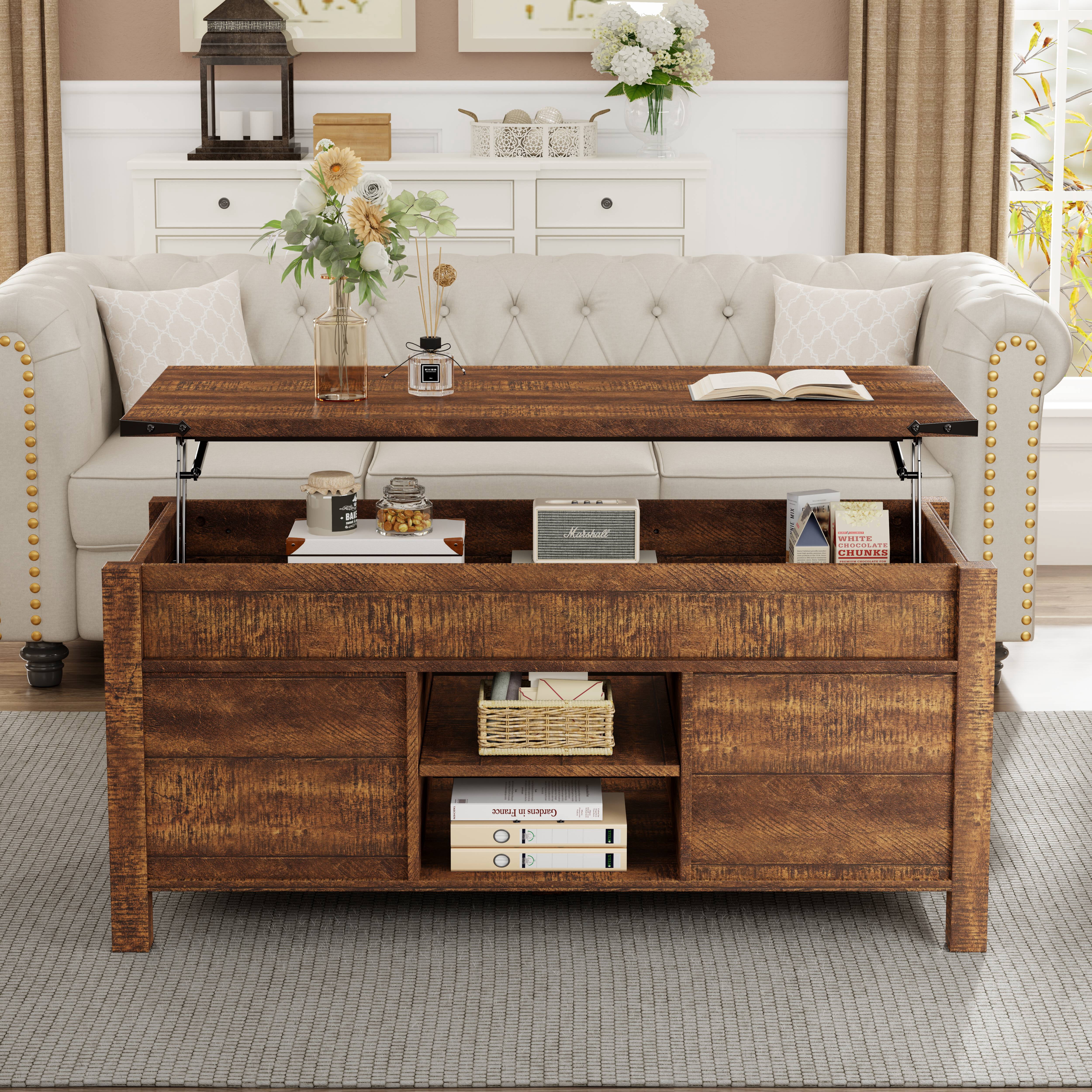 OKD 48" Farmhouse Lift Top Coffee Table with Sliding Barn Door, Rustic Center Table with Hidden Storage Compartment for Living Room, Office, Reclaimed Barnwood