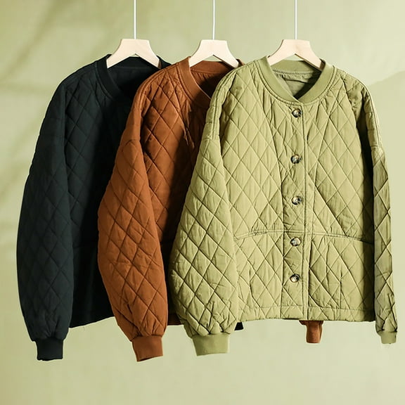 Jinhomg Hooded Quilted Coat for Women Casual Cozy Long Sleeve Button Down Puffer Jacket Fall Winter Lightweight Outerwear with Pockets 2025 Saving Green M