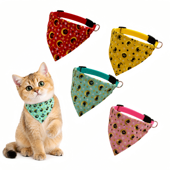 4 Pack Cat and Puppy Bandana Collar Set, Adjustable Cotton Pet Neck Scarves with Buckle, Cute Patterns for Daily Wear & Holiday Photos