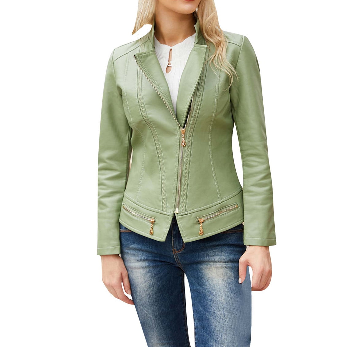 Faux Leather Moto Biker Jacket Women Zipper Lapel Collar Motorcycle Fitted Fall Coats Outwear Plus Size Long Sleeve (3X-Large, Green)