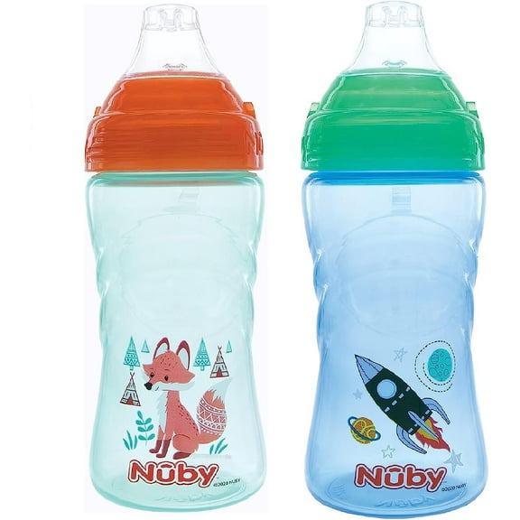 Nuby No Spill Printed Thirsty Kids No-Spill Sip-it Sport Cup with Soft Spout and Lid - 12oz / 360 ml, 12  Months, Pack of 2, Green/Orange