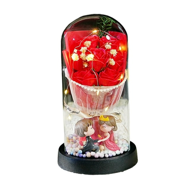 Luz Nocturna con Ramo de Rosas Artificiales y Cubierta de Cristal | Regalo Romántico de Flores de Jabón Led para Novia o Esposa | Decoración de Cumpleaños y Aniversario | Lámpara Floral de Larga Dura
