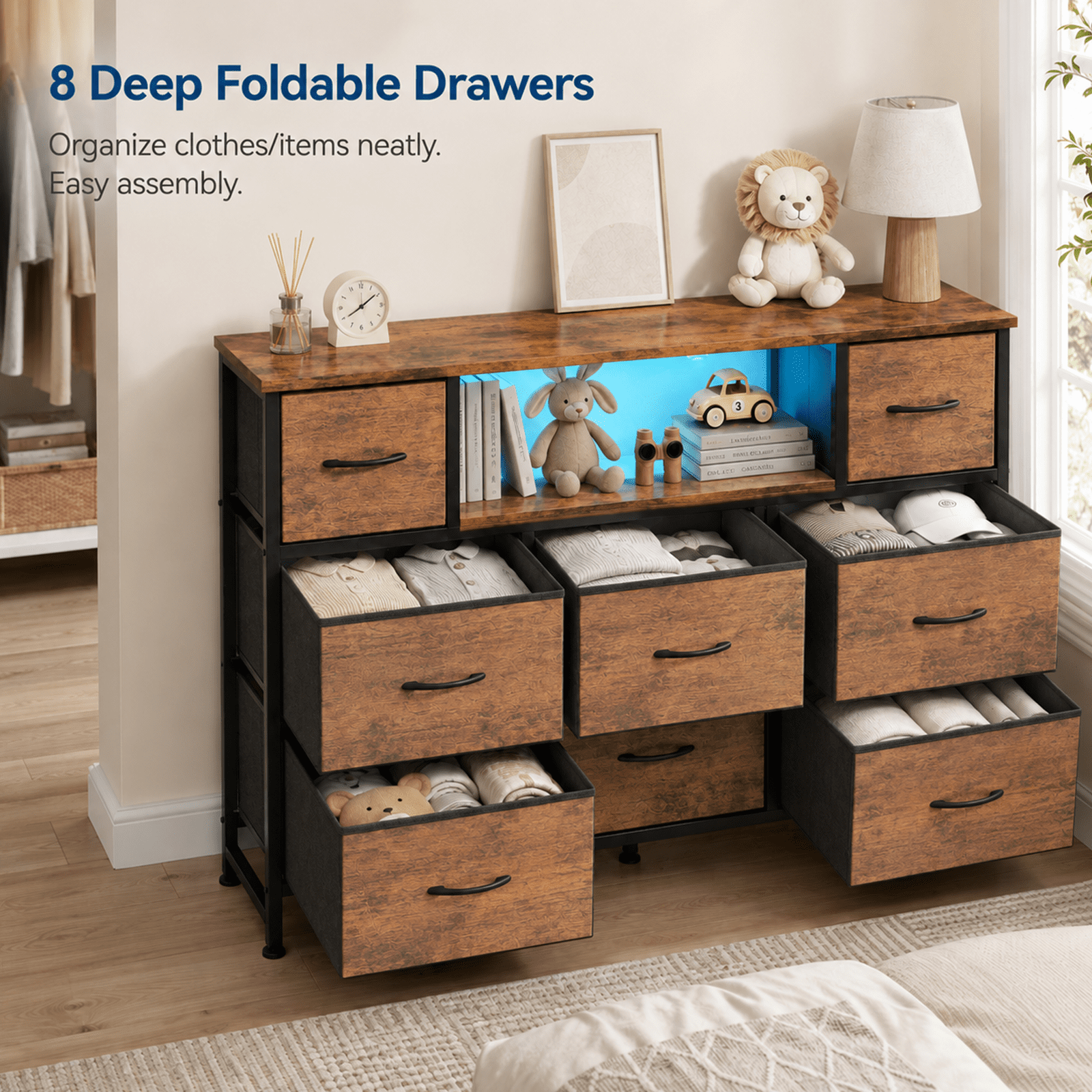 Alvantor Dresser TV Stand for 45, 50, 55 inch TV, Entertainment Center with LED Lights & Charging Station, Chest of Drawers with 8 Fabric Drawers and Open Shelves for Living Room, Hallway, Wood Top