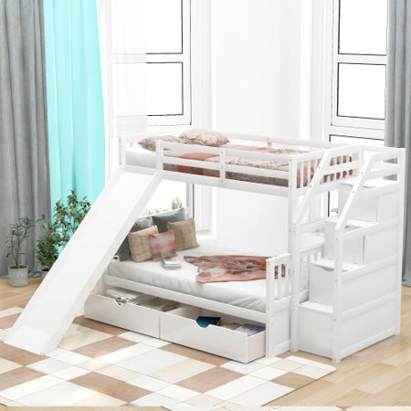 Twin Over Full Bunk Bed with Drawers  Wood Bedframe w/ Storage and Slide for Kids  Teens  Adults  Bedroom  Multifunction  No Box Spring Needed  White
