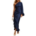thumbnail image 5 of Karymi Summer Dresses for Women Satin One Shoulder Long Dress, Single Flare Ruffle Sleeve Waist Ruched Asymmetrical Split Ruffle Hem Wedding Evening Cocktail Gown Maxi Dresses for Women, 5 of 7