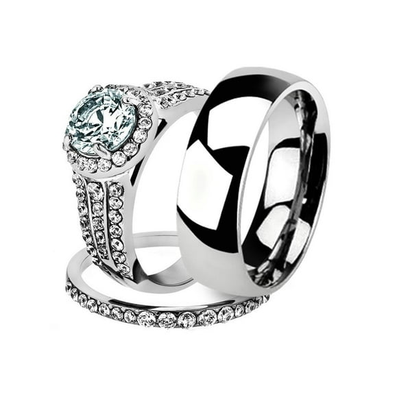His and Her 3pc Stainless Steel 2.45 Ct Cz Bridal Set and Men's Classic Wedding Band Women's Size 10 Men's 06mm Size 13