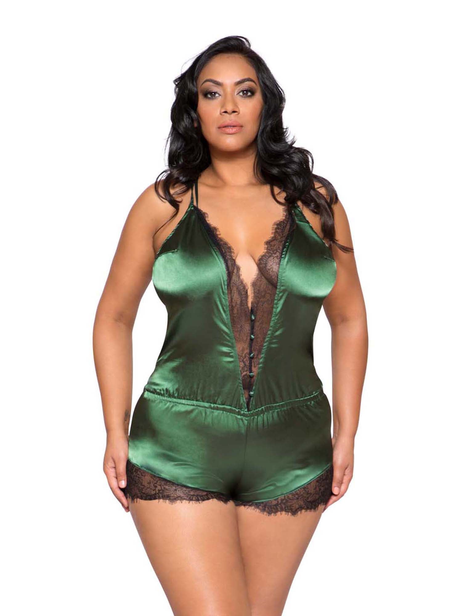 Womens Size Elegant Lace and Green Satin Button Teddy Romper Sleepwear