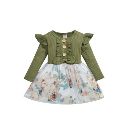 

Canrulo Infant Baby Girls Autumn Dress Ruffles Long Sleeve Flowers Printed Lace Tutu Knee Length Dress Green 4T