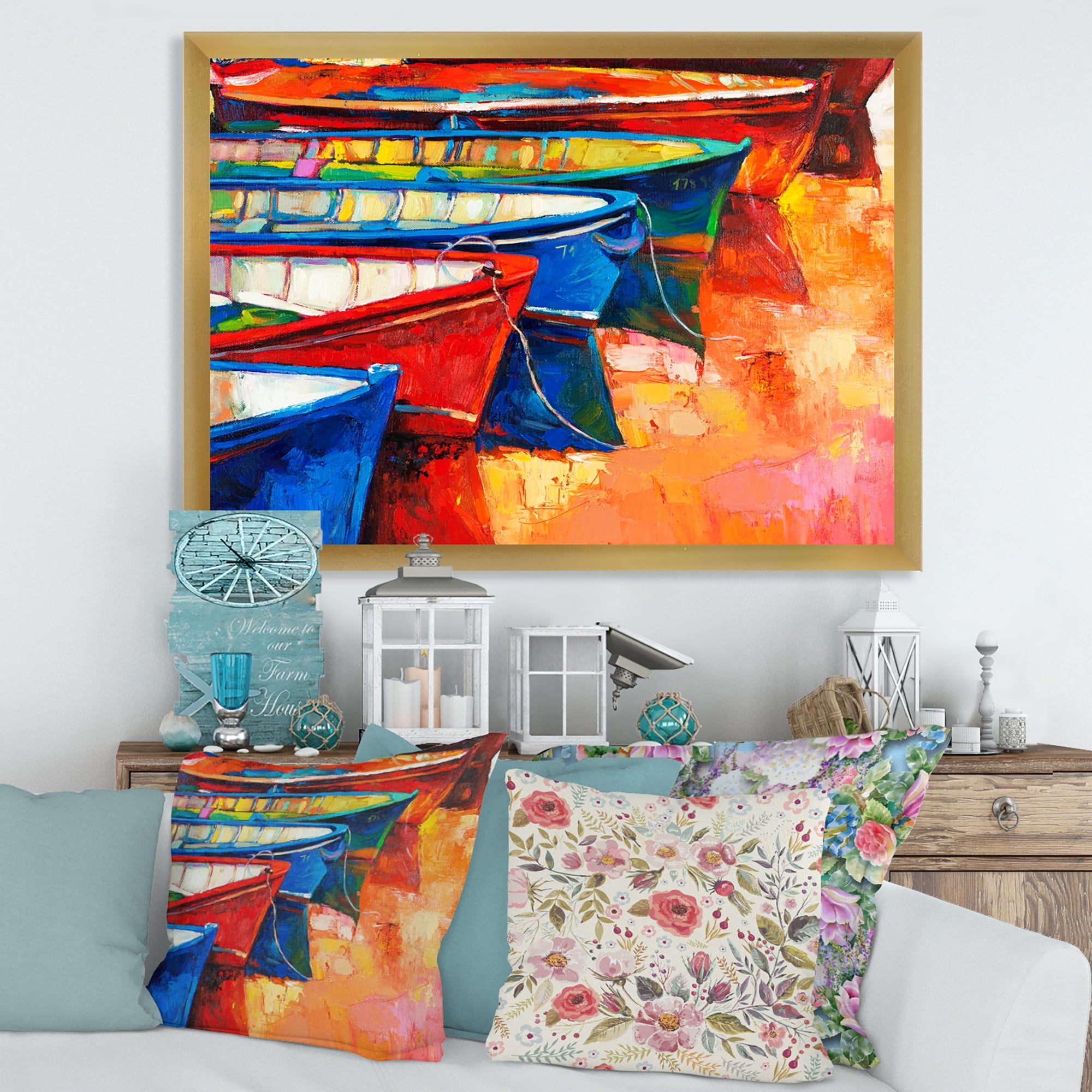 Boats During Warm Colour Sunset In The Harbor II 32 in x 16 in Framed Painting Canvas Art Print, by Designart