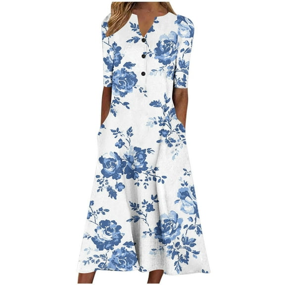 Ecqkame Summer Dresses for Women V Neck Short Sleeve Flowy Printed Dress Casual Loose Sundress with Pockets 01-Blue XL