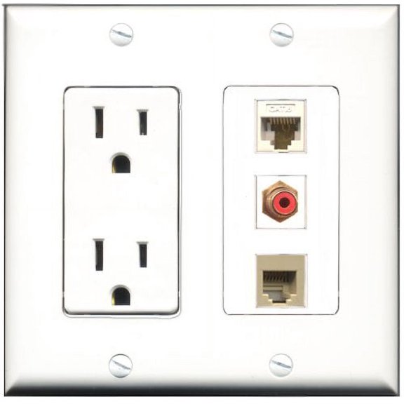 RiteAV - 15 Amp Power Outlet 1 Port RCA Red 1 Port Phone Beige 1 Port Cat6 Ethernet Ethernet White Decorative Wall Plate